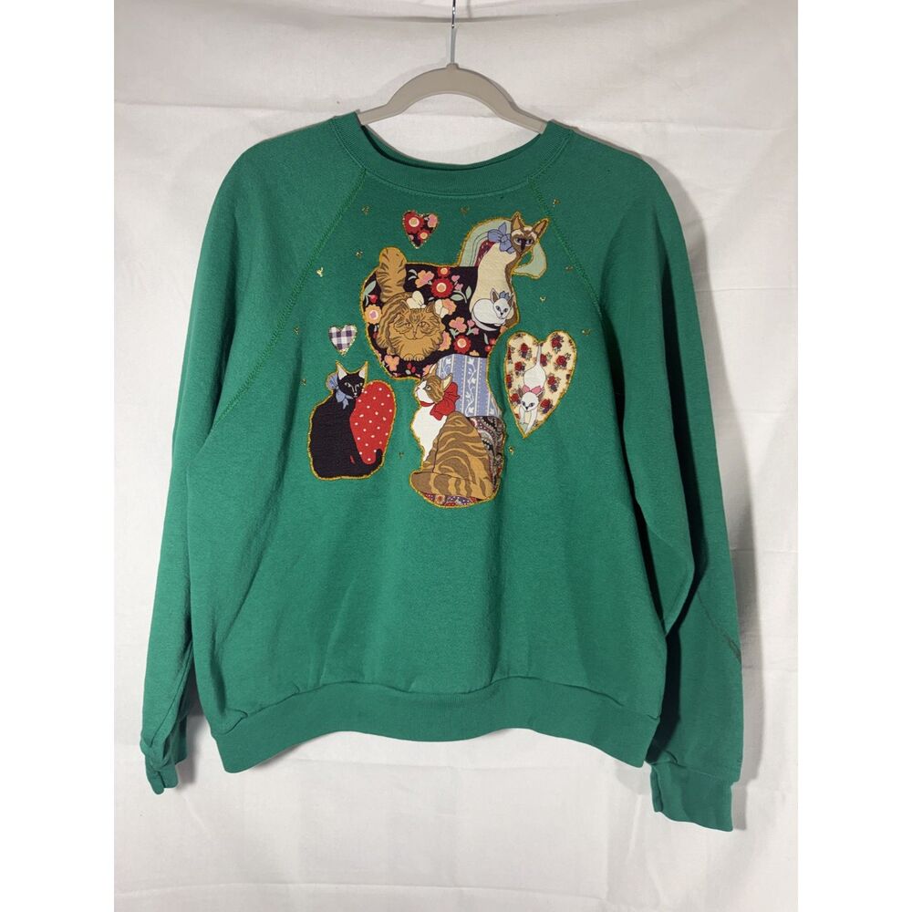 Vintage 80s 90s Women’s Green Patchwork Cat Applique Sweatshirt